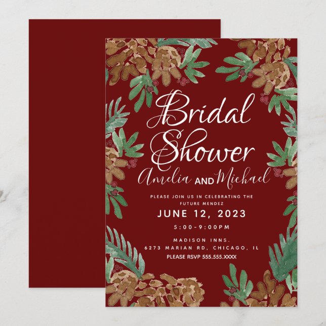 Watercolor Pinecones Burgundy Bridal Shower Invitation (Front/Back)