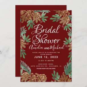 Watercolor Pinecones Burgundy Bridal Shower Invitation