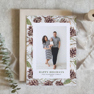 Watercolor Pinecones Pattern Photo Holiday Card