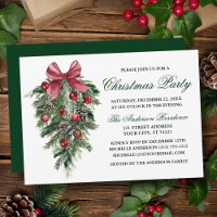 Watercolor Pines Berries Bow Green Christmas Party