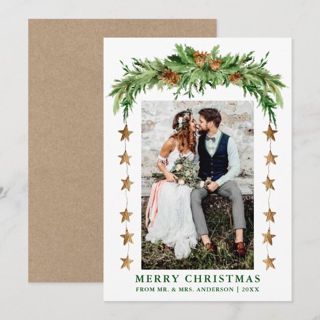 Watercolor Pines Boho Christmas Newlywed Kraft Holiday Card (Front/Back)