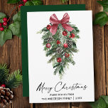 Watercolor Pines Calligraphy Ink Christmas Green Holiday Card<br><div class="desc">Modern Elegant Calligraphy Ink Script Watercolor Pines Winter Greenery with Burgundy Red Ribbon Bow Christmas Ornaments,  Pine Cones and Holly Berries Merry Christmas Card - Green</div>