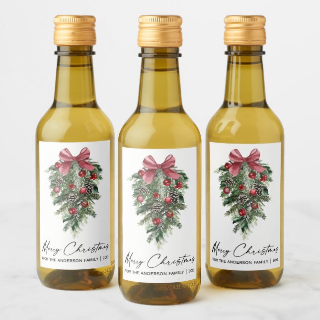 Watercolor Pines Calligraphy Ink Christmas Mini Wine Label (Bottles)