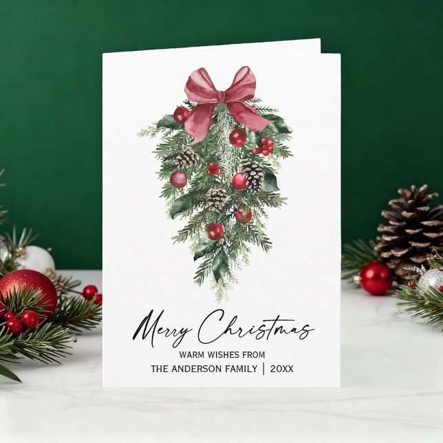 Watercolor Pines Calligraphy Ink Fold Holiday Card (Customize to change your personalized text size or text style.)