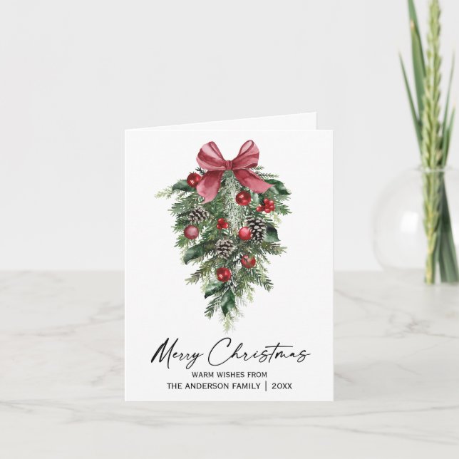 Watercolor Pines Calligraphy Ink Holiday Note Card (Front)
