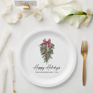 Watercolor Pines Calligraphy Ink Holiday Paper Plate