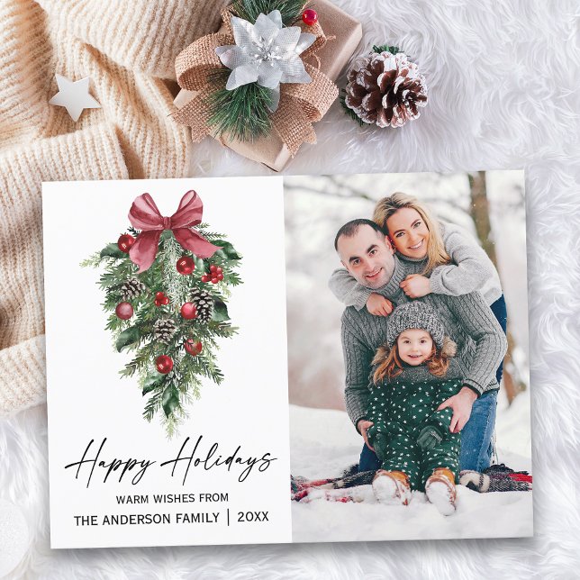 Watercolor Pines Calligraphy Ink Photo Holiday Postcard (Customize to change your personalized text size or text style.)