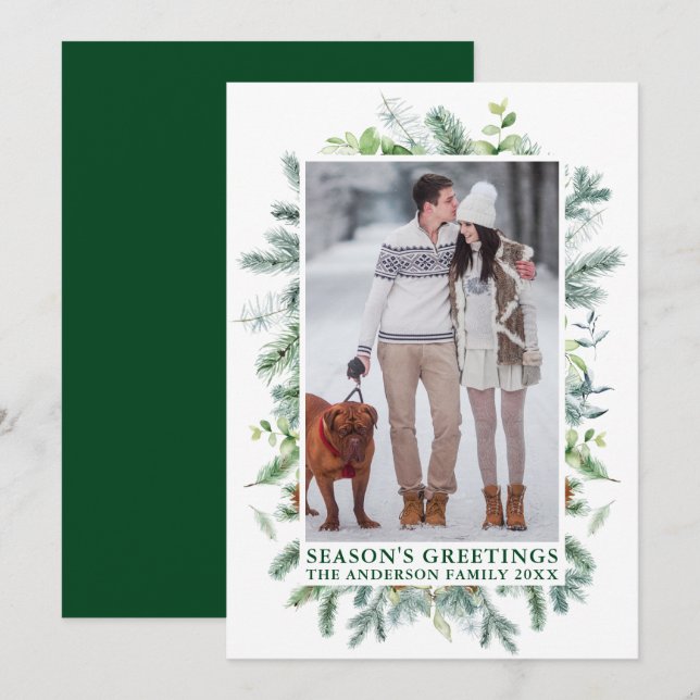 Watercolor Pines Frame Green Season's Greetings Holiday Card (Front/Back)