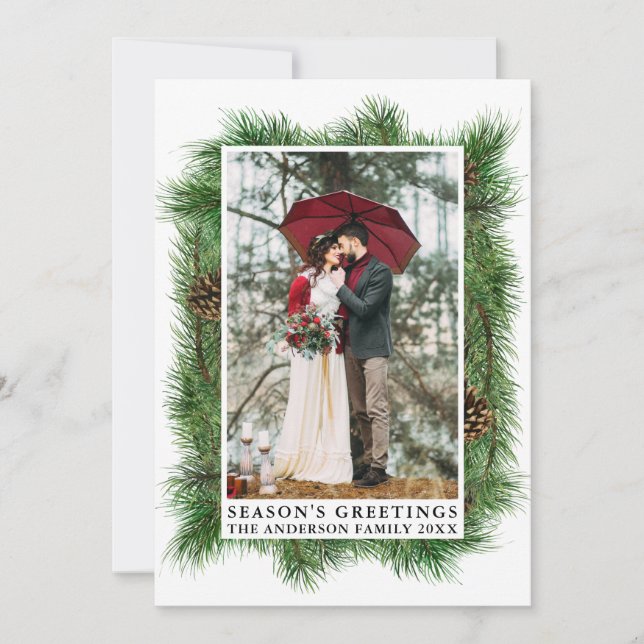 Watercolor Pines Frame Season's Greetings Photo Holiday Card (Front)