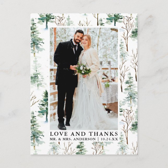 Watercolor Pines Greenery Love and Thanks Wedding Postcard (Front)