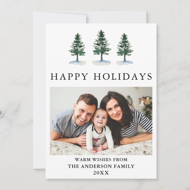 Watercolor Pines Happy Holidays Photo Modern Holiday Card (Front)