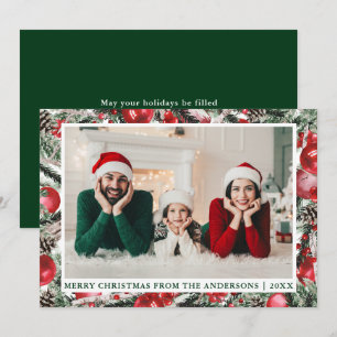 Watercolor Pines Ornaments Photo Christmas Green Holiday Card