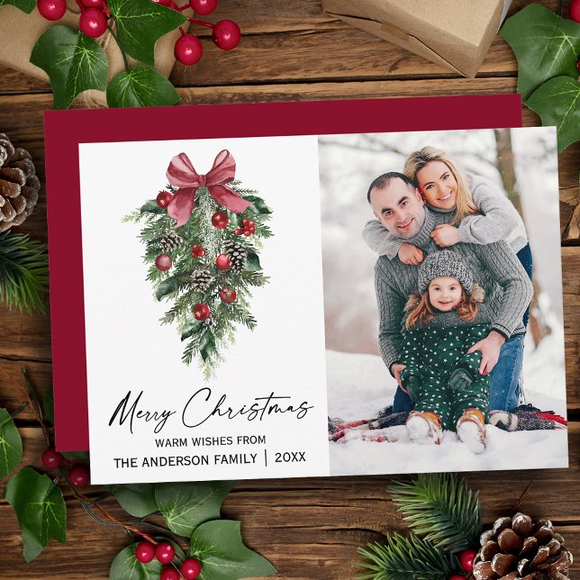 Watercolor Pines Photo Calligraphy Ink Christmas Holiday Card (Customize to change your personalized text size, style or change color of back of card.)