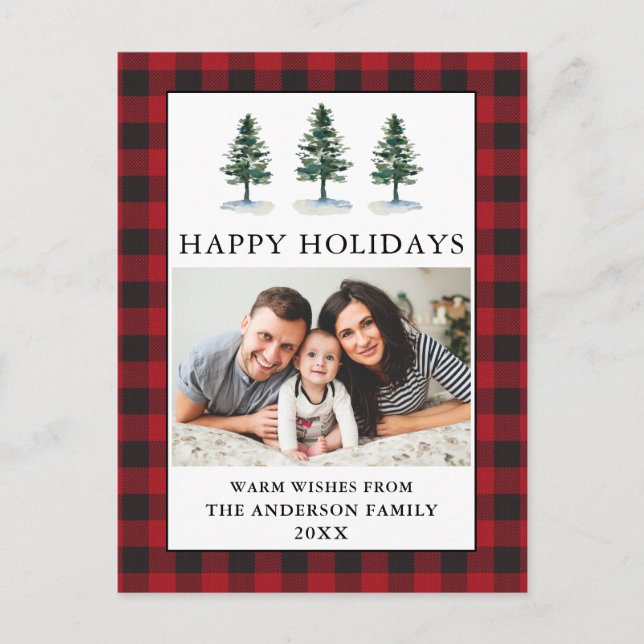 Watercolor Pines Photo Holiday Plaid Postcard (Front)