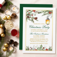 Watercolor Pines Poinsettia Gold Christmas Party
