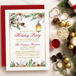 Watercolor Pines Poinsettia Holiday Party Gold Invitation
