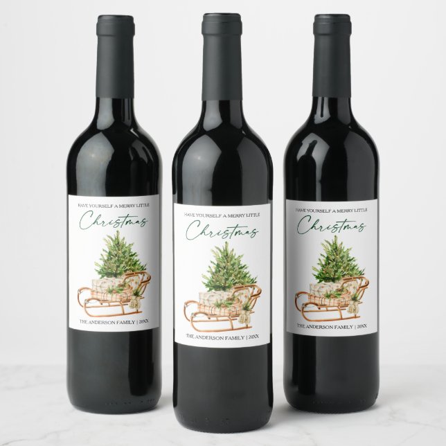 Watercolor Pines Sleigh Calligraphy Ink Holiday Wine Label (Bottles)