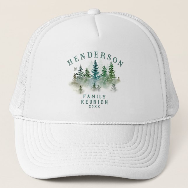 Watercolor PineTrees Family Reunion Button Trucker Hat (Front)