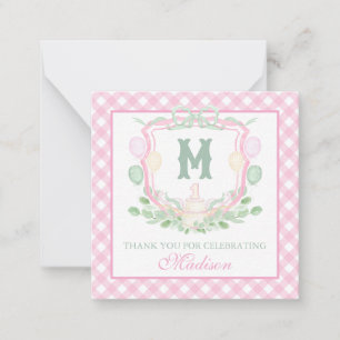 Watercolor Pink 1st Birthday Monogram Crest Party Card