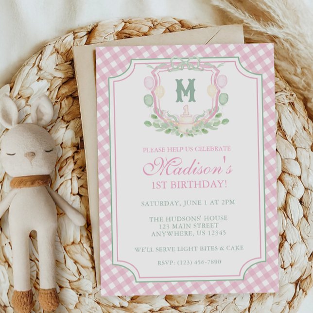 Watercolor Pink 1st Birthday Monogram Crest Party Invitation (Creator Uploaded)