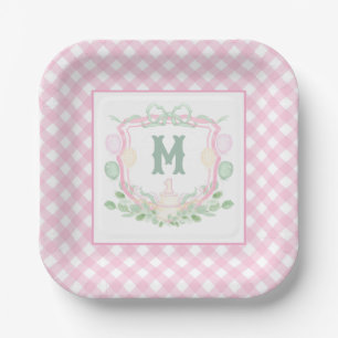 Watercolor Pink 1st Birthday Monogram Crest Party Paper Plate