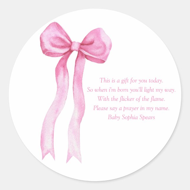 Watercolor pink a bow - Prayer Candle Label (Front)