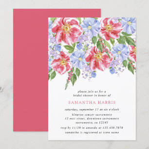 Watercolor Pink And Blue Floral Bridal Shower Invitation