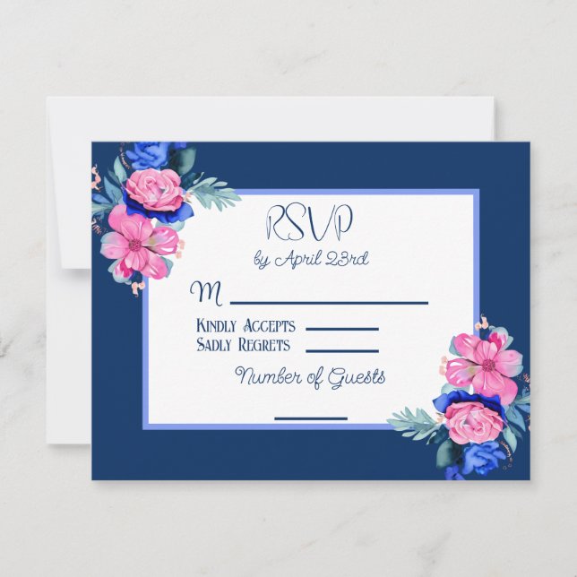 Watercolor Pink and Blue Floral Wedding  RSVP Invitation (Front)
