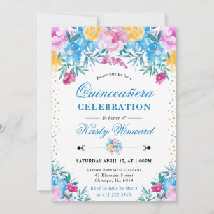 Watercolor Pink and Blue Flowers Quinceanera Invitation