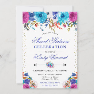 Watercolor Pink and Blue Flowers Sweet 16 Invitation