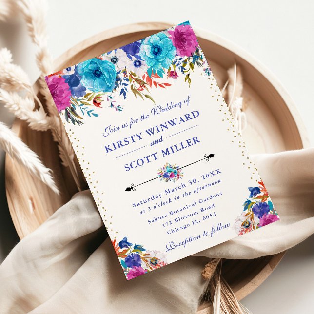 Watercolor Pink and Blue Flowers Wedding Invitation (Creator Uploaded)