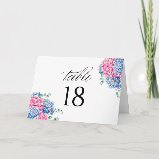 Watercolor Pink and Blue Hydrangea Table Number (Front)