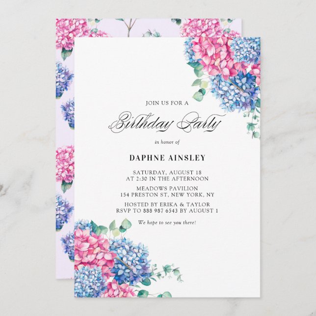 Watercolor Pink and Blue Hydrangeas Birthday Invitation (Front/Back)