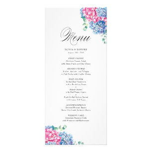 Watercolor Pink and Blue Hydrangeas Menu Card
