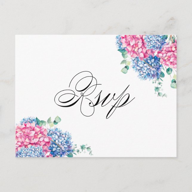 Watercolor Pink and Blue Hydrangeas RSVP Postcard (Front)