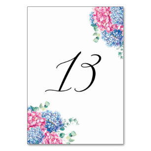 Watercolor Pink and Blue Hydrangeas Table 13 Table Number