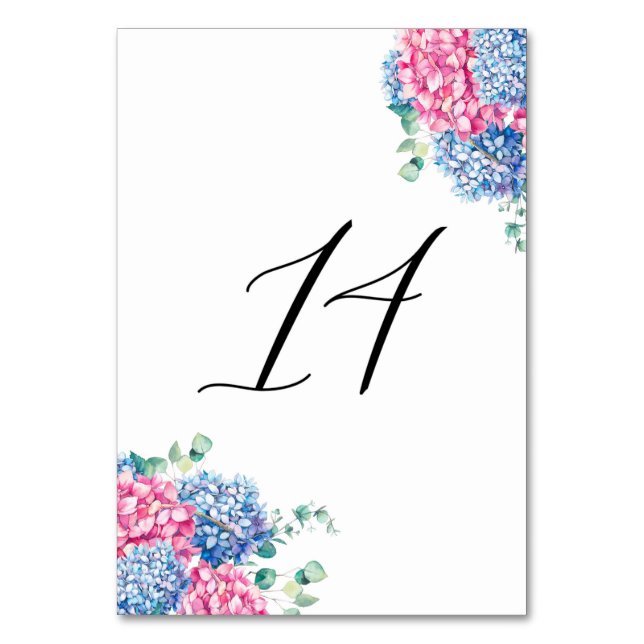 Watercolor Pink and Blue Hydrangeas Table 14 Table Number (Front)