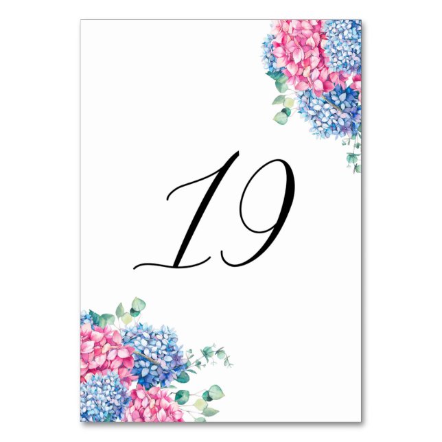 Watercolor Pink and Blue Hydrangeas Table 19 Number (Front)