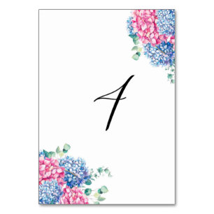 Watercolor Pink and Blue Hydrangeas Table 4 Table Number