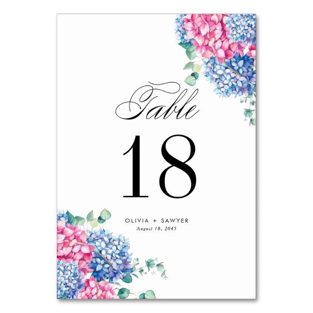 Watercolor Pink and Blue Hydrangeas Wedding Table Number (Front)