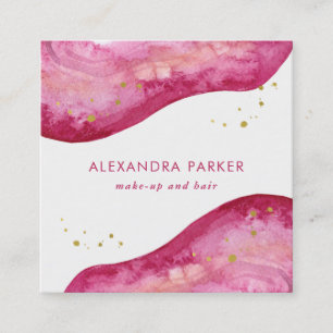 Watercolor Pink and Faux Gold Geode   Square Business Card