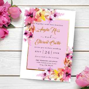Watercolor Pink And Gold Floral Wedding Invitation