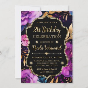 Watercolor Pink and Gold Flowers 21st Birthday Invitation