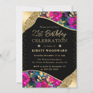Watercolor Pink and Gold Flowers 21st Birthday Invitation