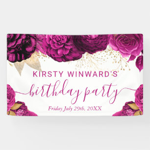 Watercolor pink and Gold Flowers Birthday Banner