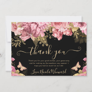 Watercolor Pink and Gold Flowers Quinceanera Thank You Card