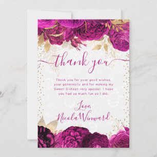 Watercolor Pink and Gold Flowers Sweet 16 Thank You Card