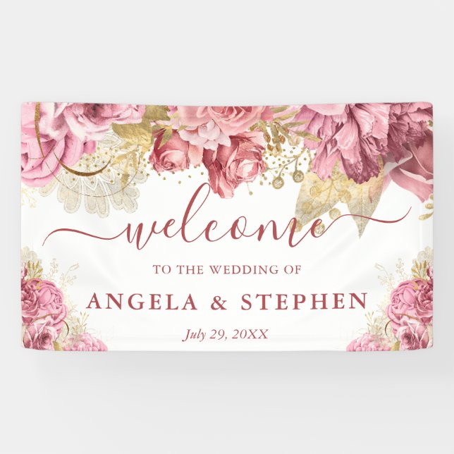Watercolor Pink and Gold Flowers Wedding Banner (Horizontal)