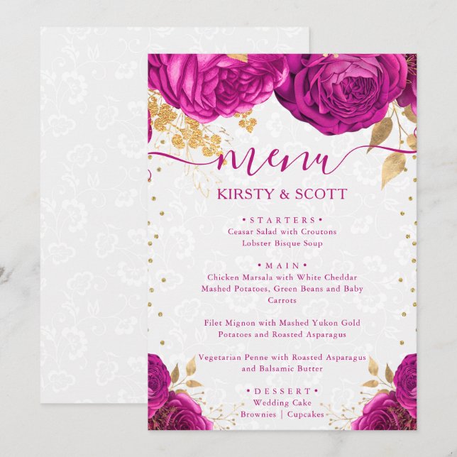 Watercolor Pink and Gold Flowers Wedding Menu (Front/Back)