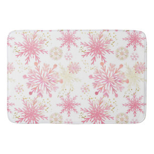 Watercolor Pink and Gold Glitter Winter Snowflakes Bath Mat